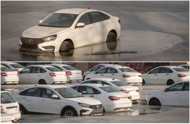 Новенькие Lada Vesta почти утонули на парковке регионального дилера