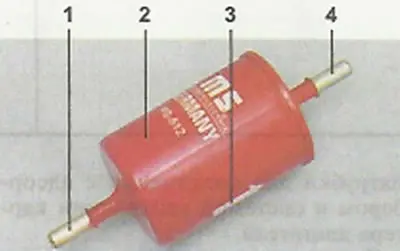 Топливный фильтр: 1 - входной патрубок; 2 - корпус; 3 - стрелка направления потока топлива…