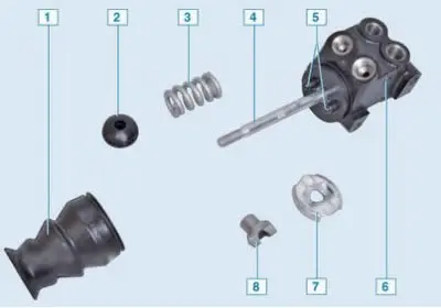 Rear brake pressure regulator (for cars with ABS): 1 – anther; 2 – support sleeve; 3 – spring; 4 –…
