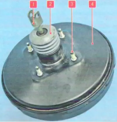 Vacuum brake booster: 1 - pusher; 2 - protective cover with filter; 3 - amplifier mounting pin; 4 -…