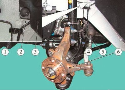 Рисунок 21-2 - Снятие датчика скорости вращения переднего колеса: 1 - скоба крепления жгута…