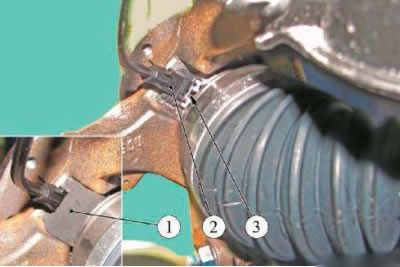 Рисунок 21-3 - Снятие датчика скорости вращения переднего колеса: 1 - изолирующий пеноматериал; 2 -…