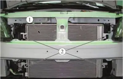 Slika 5-3 1 - kondenzator (radijator) klima uređaja; 2 - mjesta pričvršćivanja kondenzatora na…