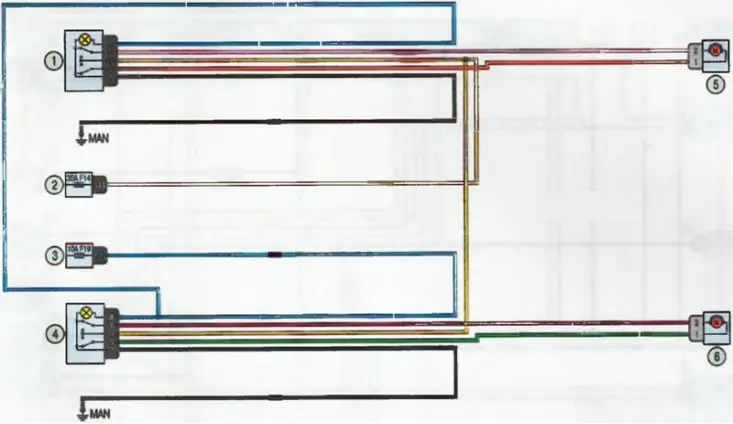 Diagram 18. Front door electric windows: 1 - Right front door electric window switch; 2,3 - fuse…