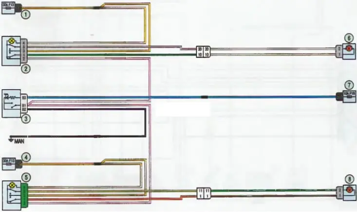 Scheme 19. Rear door electric windows: 14.7 - fuse box in the passenger compartment; 2 - Left rear…