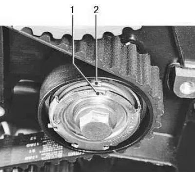 4. The check is also carried out by the position of mark 1 on the outer race of the tension roller,…