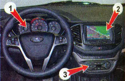 On the instrument panel 1, on the instrument panel 2 and on the central console 3 there are…