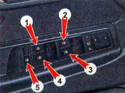 Electric window control unit: 1 - Rear left door electric window control button; 2 - driver's door…