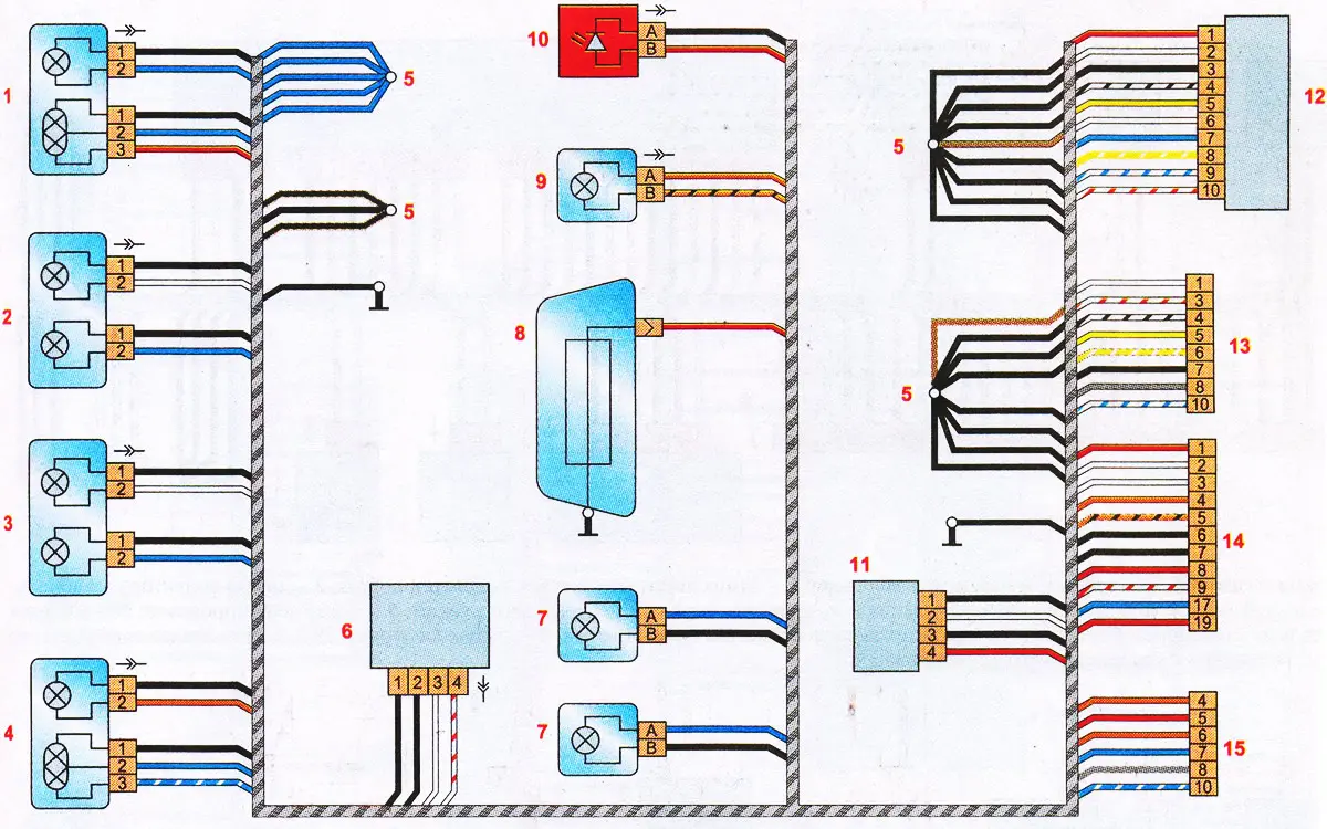 Rear auxiliary wiring harness connection diagram: 1 - outer section of the rear left light; 2 -…