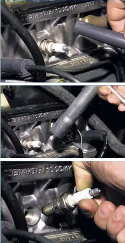We remove the high-voltage wire tip from the spark plug.