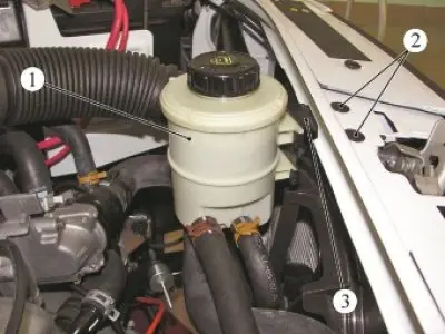 Slika 10-4 - Uklanjanje spremnika pumpe servo upravljača: 1 - Spremnik pumpe servo upravljača; 2 -…