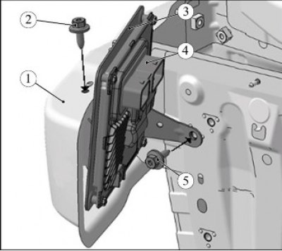Рисунок 5-3 - Снятие кронштейна контроллера управления КП: 1 - балка переднего бампера; 2, 5 - болт…