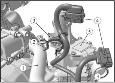 Рисунок 7-1 - Отсоединение жгута проводов коробки передач: 1 - шланг отводящий радиатора; 2 - скоба…