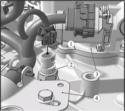 Рисунок 7-2 - Отсоединение жгута проводов коробки передач: 1 - колодка жгута проводов КП; 2 -…