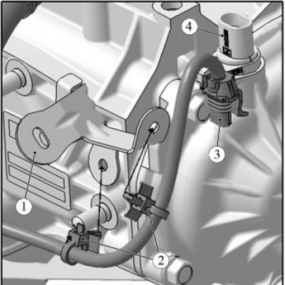 Рисунок 7-3 - Отсоединение жгута проводов коробки передач: 1 - кронштейн; 2 - хомут крепления; 3 -…