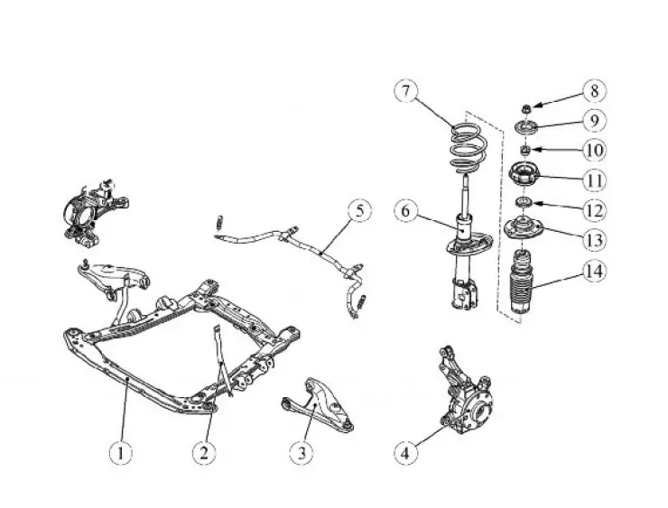 Figure 1-1 - Front suspension: 1 - front suspension subframe; 2 - subframe to body mounting rod; 3…