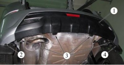 Рисунок 2-1 - Нижнее крепление бампера: 1 - бампер задний; 2 - винт крепления левого брызговика к…