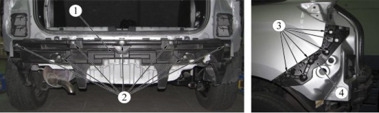 Рисунок 2-6 - крепление балки и кронштейнов бампера: 1, 3 - балка заднего бампера; 2 - заклепка…